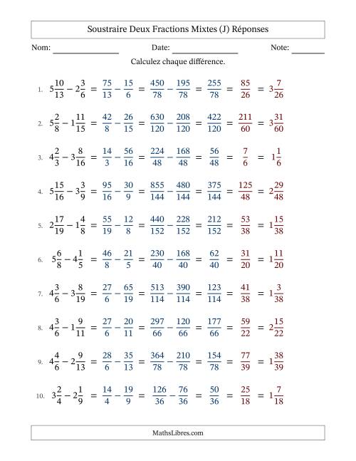Soustraire deux fractions mixtes avec des dénominateurs différents, résultats en fractions mixtes, et avec simplification dans tous les problèmes (Remplissable) (J) page 2