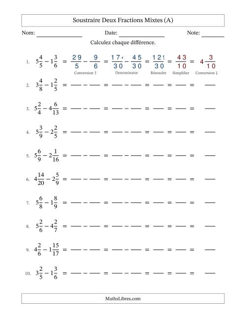Soustraire deux fractions mixtes avec des dénominateurs différents, résultats en fractions mixtes, et avec simplification dans tous les problèmes (Remplissable) (Tout)
