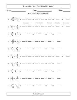 Soustraire deux fractions mixtes avec des dénominateurs différents, résultats en fractions mixtes, et avec simplification dans quelques problèmes (Remplissable)