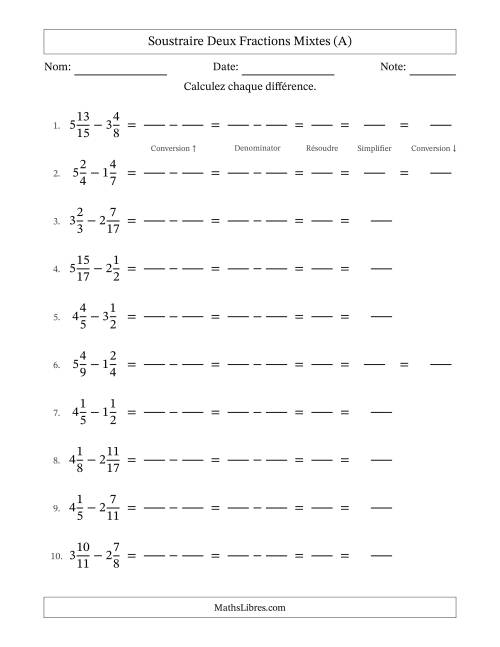 Soustraire deux fractions mixtes avec des dénominateurs différents, résultats en fractions mixtes, et avec simplification dans quelques problèmes (Remplissable) (A)