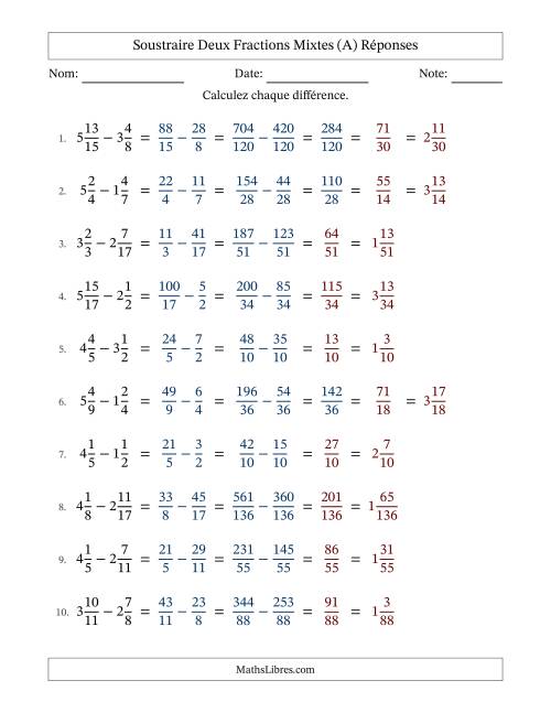 Soustraire deux fractions mixtes avec des dénominateurs différents, résultats en fractions mixtes, et avec simplification dans quelques problèmes (Remplissable) (A) page 2