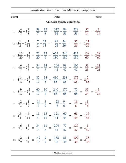 Soustraire deux fractions mixtes avec des dénominateurs différents, résultats en fractions mixtes, et avec simplification dans quelques problèmes (Remplissable) (B) page 2