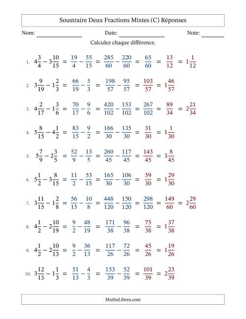 Soustraire deux fractions mixtes avec des dénominateurs différents, résultats en fractions mixtes, et avec simplification dans quelques problèmes (Remplissable) (C) page 2