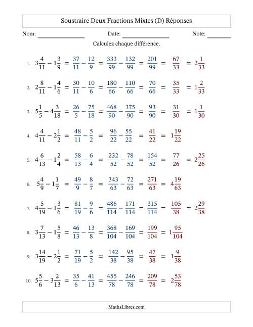 Soustraire deux fractions mixtes avec des dénominateurs différents, résultats en fractions mixtes, et avec simplification dans quelques problèmes (Remplissable) (D) page 2