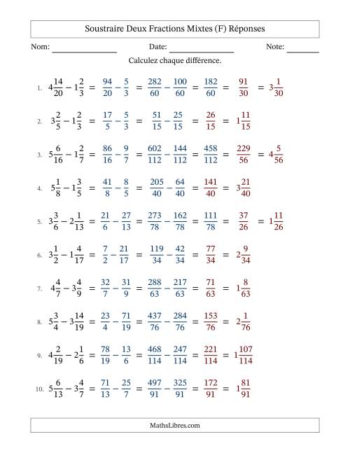 Soustraire deux fractions mixtes avec des dénominateurs différents, résultats en fractions mixtes, et avec simplification dans quelques problèmes (Remplissable) (F) page 2