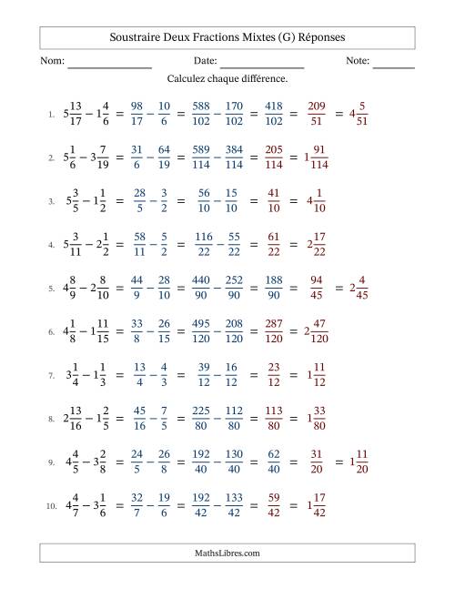 Soustraire deux fractions mixtes avec des dénominateurs différents, résultats en fractions mixtes, et avec simplification dans quelques problèmes (Remplissable) (G) page 2
