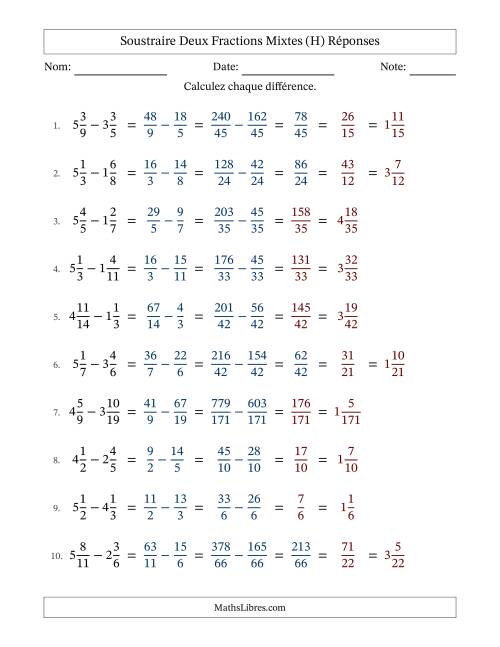 Soustraire deux fractions mixtes avec des dénominateurs différents, résultats en fractions mixtes, et avec simplification dans quelques problèmes (Remplissable) (H) page 2