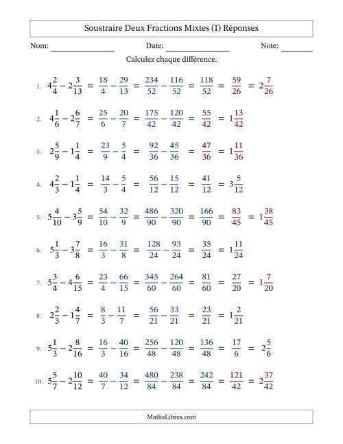 Soustraire deux fractions mixtes avec des dénominateurs différents, résultats en fractions mixtes, et avec simplification dans quelques problèmes (Remplissable) (I) page 2