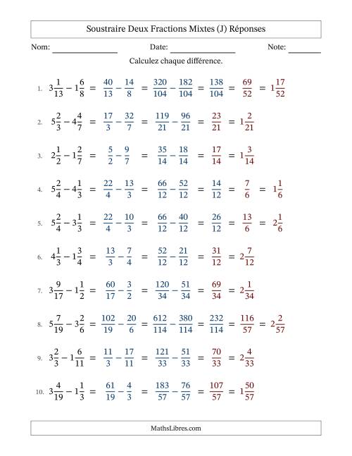 Soustraire deux fractions mixtes avec des dénominateurs différents, résultats en fractions mixtes, et avec simplification dans quelques problèmes (Remplissable) (J) page 2