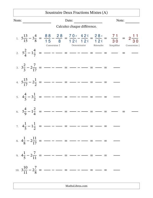 Soustraire deux fractions mixtes avec des dénominateurs différents, résultats en fractions mixtes, et avec simplification dans quelques problèmes (Remplissable) (Tout)