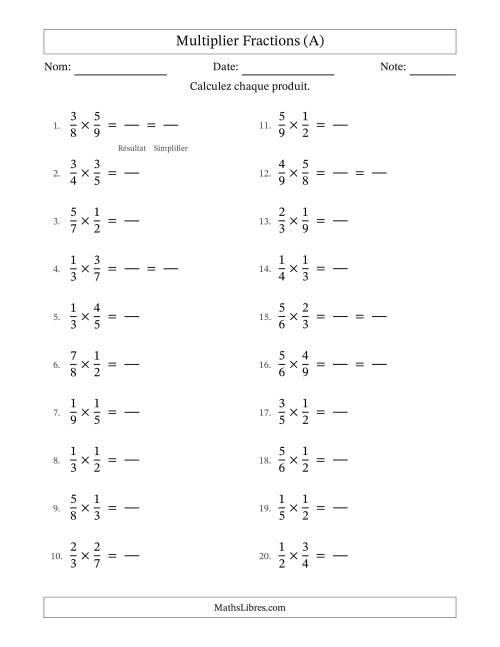 Multiplier deux fractions propres, et avec simplification dans quelques problèmes (Remplissable) (A)