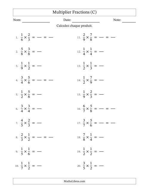 Multiplier deux fractions propres, et avec simplification dans quelques problèmes (Remplissable) (C)