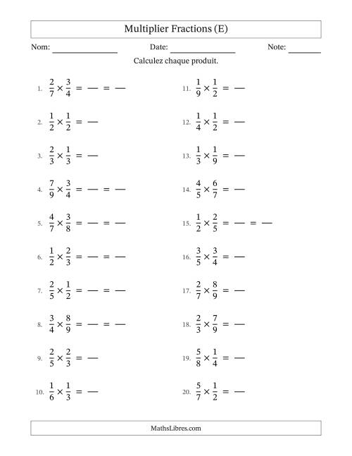 Multiplier deux fractions propres, et avec simplification dans quelques problèmes (Remplissable) (E)