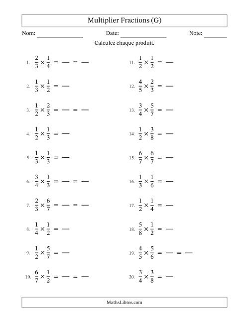 Multiplier deux fractions propres, et avec simplification dans quelques problèmes (Remplissable) (G)