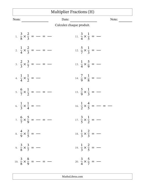 Multiplier deux fractions propres, et avec simplification dans quelques problèmes (Remplissable) (H)