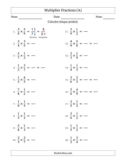 Multiplier deux fractions propres, et avec simplification dans quelques problèmes (Remplissable) (Tout)