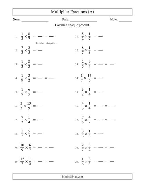 Multiplier fractions propres e impropres, et avec simplification dans quelques problèmes (Remplissable) (A)