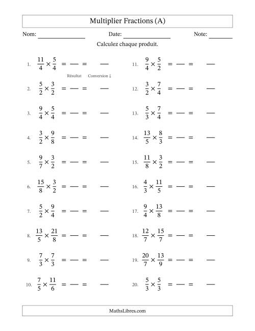 Multiplier deux fractions impropres, et sans simplification (Remplissable) (A)