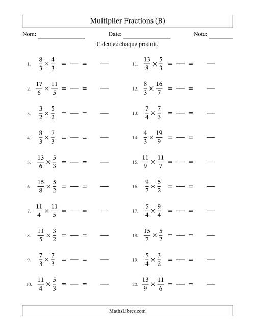 Multiplier deux fractions impropres, et sans simplification (Remplissable) (B)
