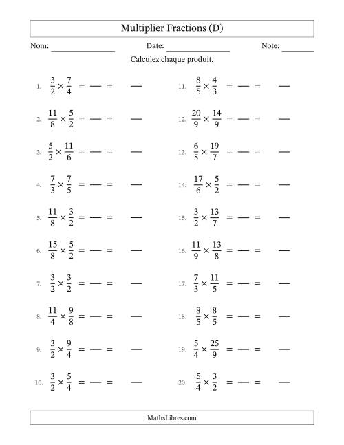 Multiplier deux fractions impropres, et sans simplification (Remplissable) (D)