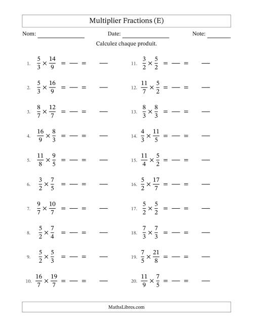 Multiplier deux fractions impropres, et sans simplification (Remplissable) (E)