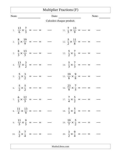Multiplier deux fractions impropres, et sans simplification (Remplissable) (F)