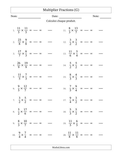 Multiplier deux fractions impropres, et sans simplification (Remplissable) (G)