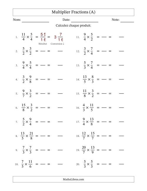 Multiplier deux fractions impropres, et sans simplification (Remplissable) (Tout)