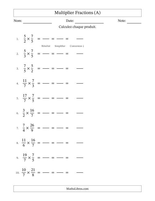 Multiplier deux fractions impropres, et avec simplification dans tous les problèmes (Remplissable) (A)