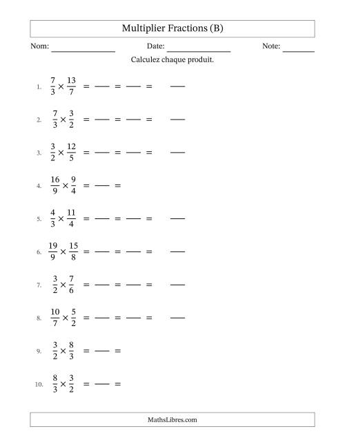 Multiplier deux fractions impropres, et avec simplification dans tous les problèmes (Remplissable) (B)