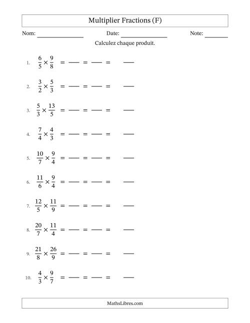 Multiplier deux fractions impropres, et avec simplification dans tous les problèmes (Remplissable) (F)