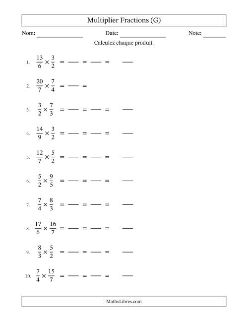 Multiplier deux fractions impropres, et avec simplification dans tous les problèmes (Remplissable) (G)