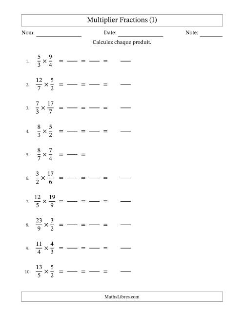 Multiplier deux fractions impropres, et avec simplification dans tous les problèmes (Remplissable) (I)