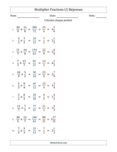 Multiplier deux fractions impropres, et avec simplification dans tous les problèmes (Remplissable) (J) page 2
