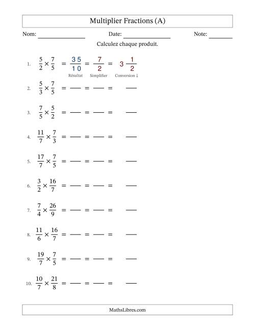 Multiplier deux fractions impropres, et avec simplification dans tous les problèmes (Remplissable) (Tout)