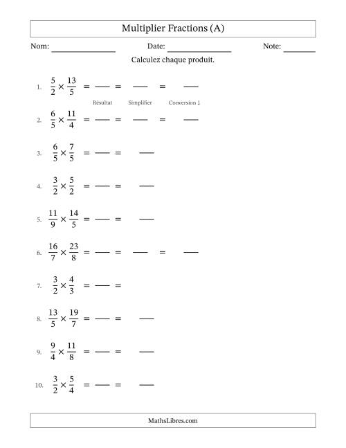 Multiplier deux fractions impropres, et avec simplification dans quelques problèmes (Remplissable) (A)