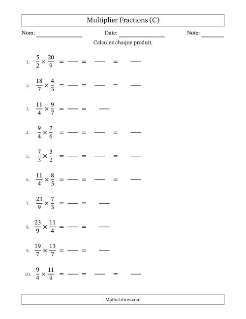 Multiplier deux fractions impropres, et avec simplification dans quelques problèmes (Remplissable) (C)