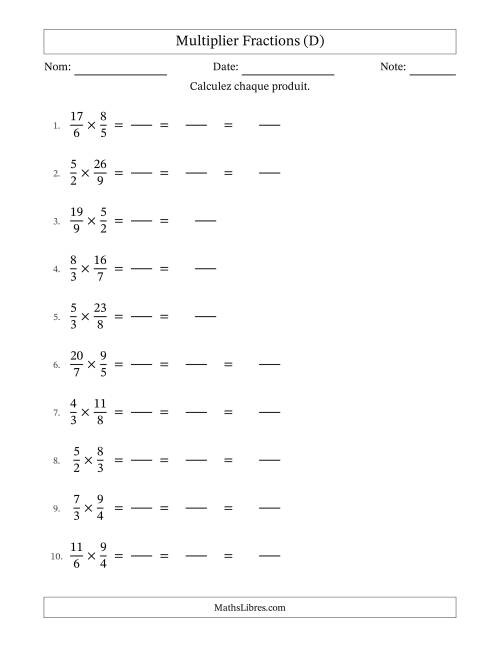 Multiplier deux fractions impropres, et avec simplification dans quelques problèmes (Remplissable) (D)