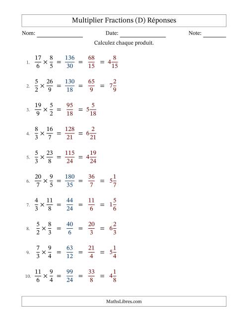 Multiplier deux fractions impropres, et avec simplification dans quelques problèmes (Remplissable) (D) page 2