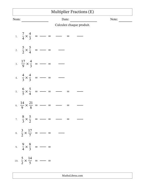 Multiplier deux fractions impropres, et avec simplification dans quelques problèmes (Remplissable) (E)
