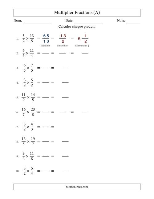 Multiplier deux fractions impropres, et avec simplification dans quelques problèmes (Remplissable) (Tout)