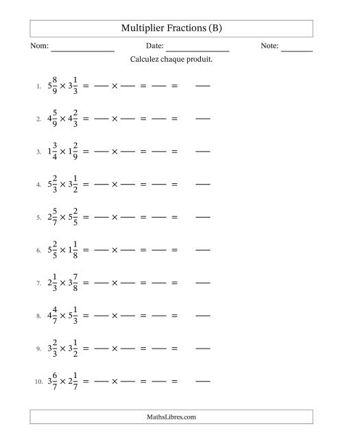 Multiplier deux fractions mixtes, et sans simplification (Remplissable) (B)