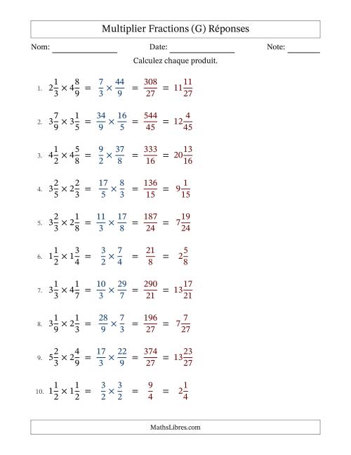 Multiplier deux fractions mixtes, et sans simplification (Remplissable) (G) page 2