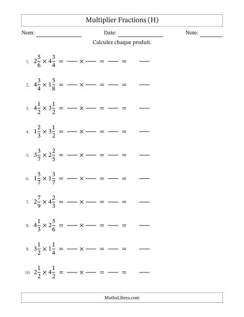 Multiplier deux fractions mixtes, et sans simplification (Remplissable) (H)