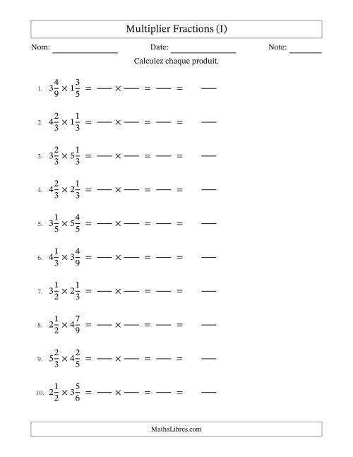 Multiplier deux fractions mixtes, et sans simplification (Remplissable) (I)