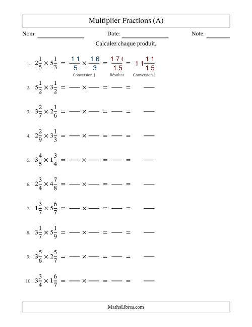 Multiplier deux fractions mixtes, et sans simplification (Remplissable) (Tout)