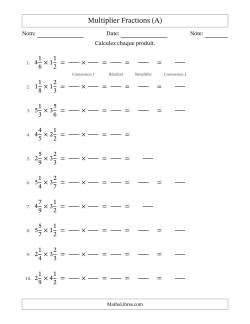 Multiplier deux fractions mixtes, et avec simplification dans quelques problèmes (Remplissable)