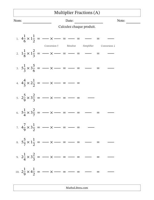 Multiplier deux fractions mixtes, et avec simplification dans quelques problèmes (Remplissable) (A)