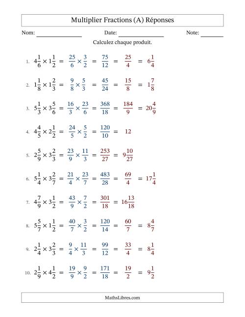 Multiplier deux fractions mixtes, et avec simplification dans quelques problèmes (Remplissable) (A) page 2