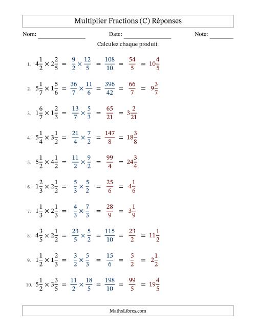 Multiplier deux fractions mixtes, et avec simplification dans quelques problèmes (Remplissable) (C) page 2